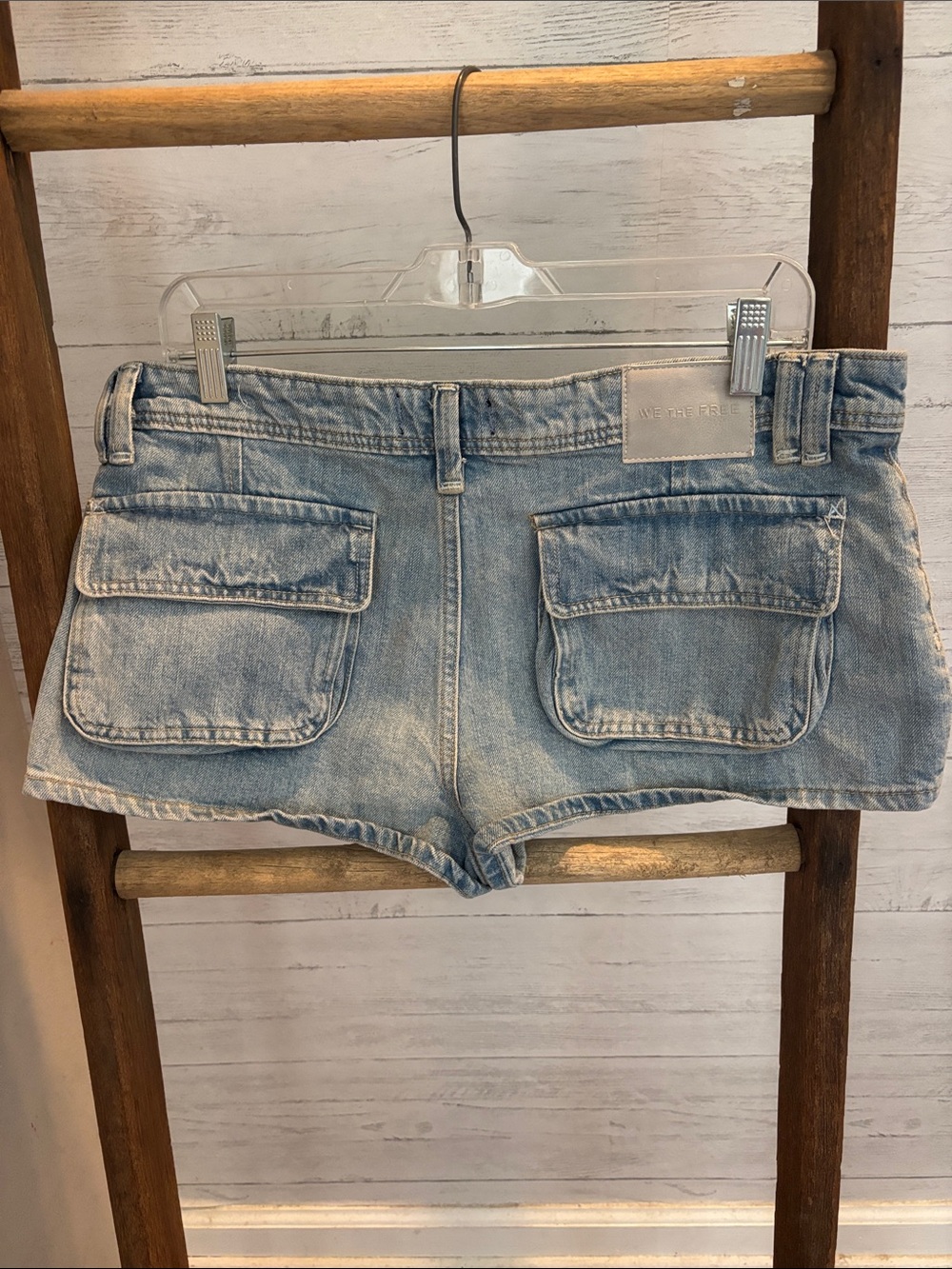 We The Free Faded Light Blue Denim Cargo Shorties - Picture 2 of 5